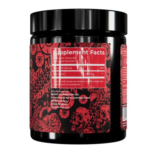 Back view of the Dark Labs Beta Alanine supplement container, showing the supplement facts label in white text on a red background, listing serving size and ingredients. The container is decorated with a black and red pattern.