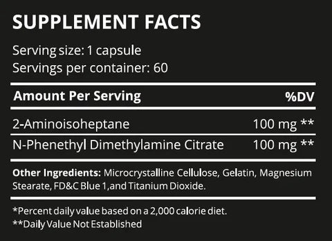 Label of Dark Labs Euphoria showing supplement facts, including 2-aminoisoheptane and N-phenethyl dimethylamine citrate.