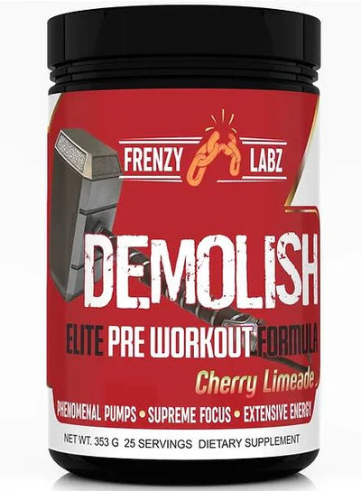 Black Jar with red and whit label of frenzy labz demolish pre workout