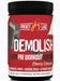 Black Jar with red and whit label of frenzy labz demolish pre workout
