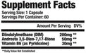 Supplement facts for Sarma-Com Arima DX, featuring 3,5-Diene-7,17-Dione for hormonal balance and testosterone enhancement.