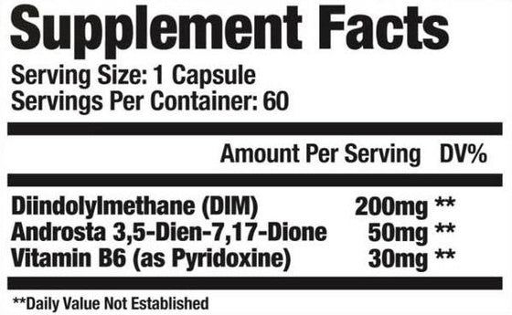 Supplement facts for Sarma-Com Arima DX, featuring 3,5-Diene-7,17-Dione for hormonal balance and testosterone enhancement.