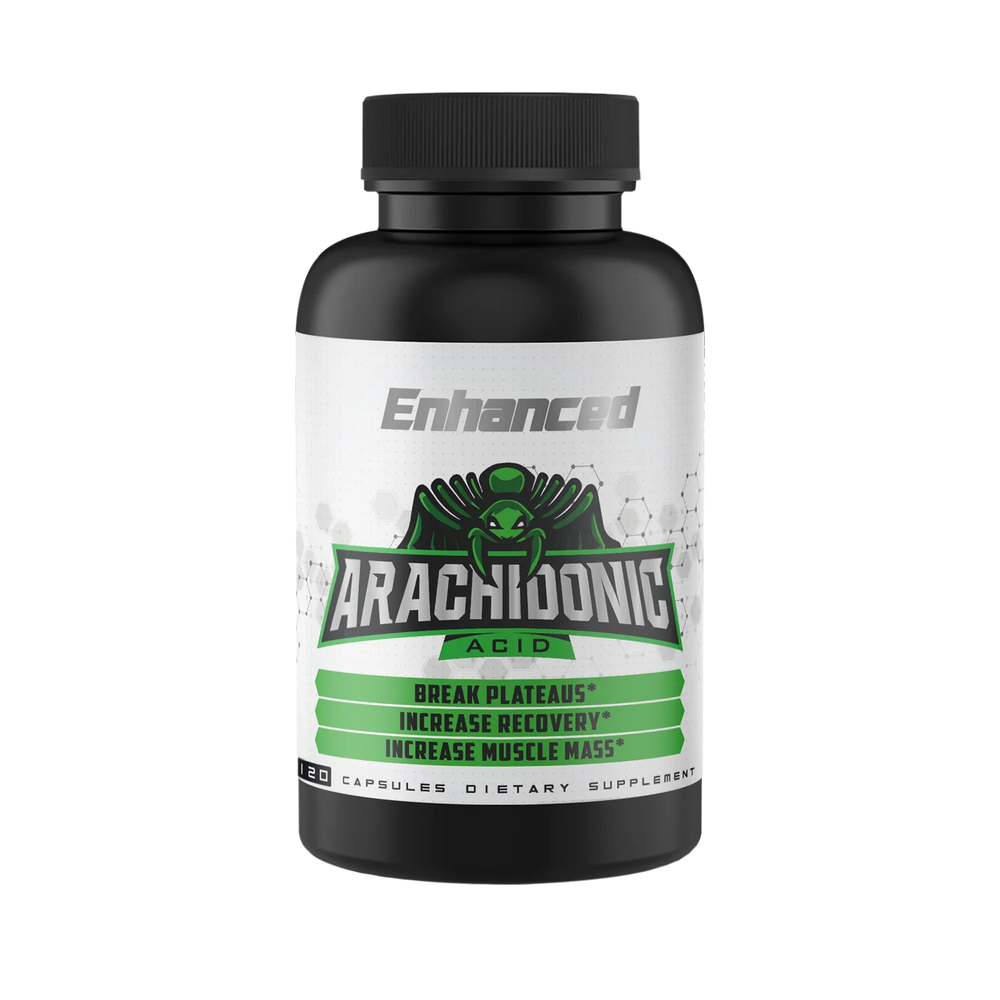 Front view of the Enhanced Athlete Arachidonic Acid supplement bottle. The label highlights the product name 'Arachidonic Acid' and the benefits, including 'Break Plateaus,' 'Increase Recovery,' and 'Increase Muscle Mass.' The bottle contains 120 capsules and is marked as a dietary supplement.