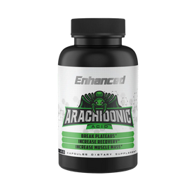 Front view of the Enhanced Athlete Arachidonic Acid supplement bottle. The label highlights the product name 'Arachidonic Acid' and the benefits, including 'Break Plateaus,' 'Increase Recovery,' and 'Increase Muscle Mass.' The bottle contains 120 capsules and is marked as a dietary supplement.