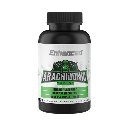 Front view of the Enhanced Athlete Arachidonic Acid supplement bottle. The label highlights the product name 'Arachidonic Acid' and the benefits, including 'Break Plateaus,' 'Increase Recovery,' and 'Increase Muscle Mass.' The bottle contains 120 capsules and is marked as a dietary supplement.