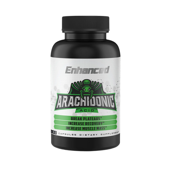 Front view of the Enhanced Athlete Arachidonic Acid supplement bottle. The label highlights the product name 'Arachidonic Acid' and the benefits, including 'Break Plateaus,' 'Increase Recovery,' and 'Increase Muscle Mass.' The bottle contains 120 capsules and is marked as a dietary supplement.