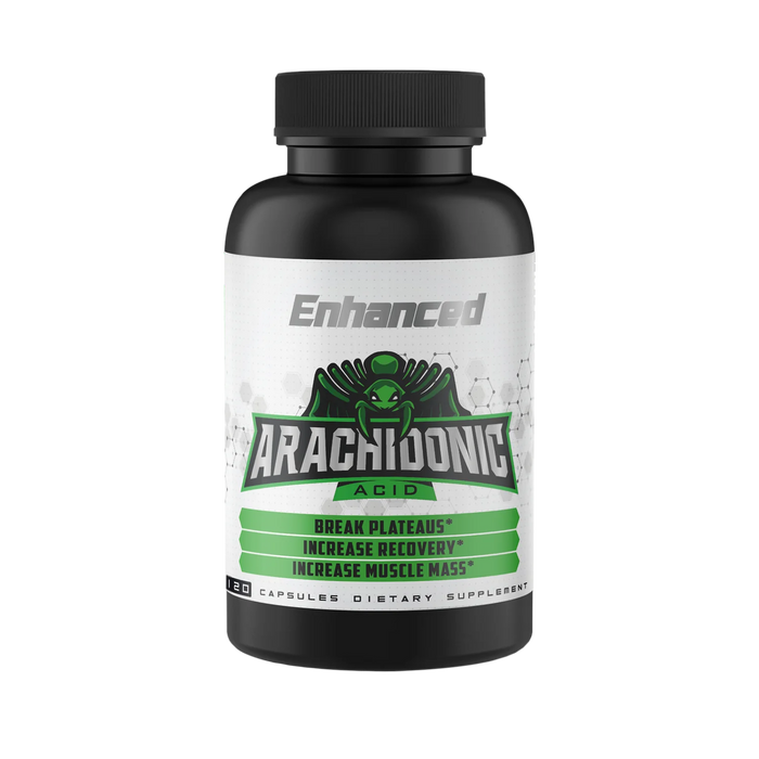 Front view of the Enhanced Athlete Arachidonic Acid supplement bottle. The label highlights the product name 'Arachidonic Acid' and the benefits, including 'Break Plateaus,' 'Increase Recovery,' and 'Increase Muscle Mass.' The bottle contains 120 capsules and is marked as a dietary supplement.