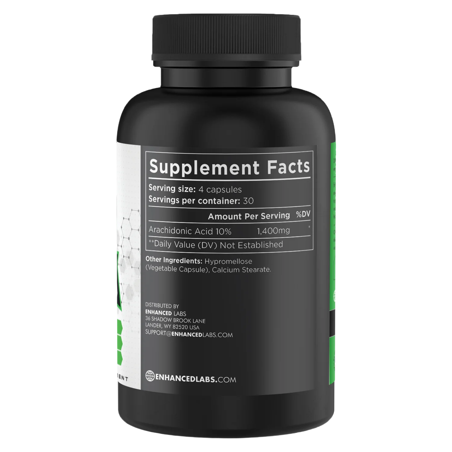 Back view of the Enhanced Athlete Arachidonic Acid supplement bottle showing the Supplement Facts label. It details the serving size (4 capsules), servings per container (30), and the amount of Arachidonic Acid per serving (1,400mg). The image also lists the other ingredients, including hypromellose (vegetable capsule) and calcium stearate.