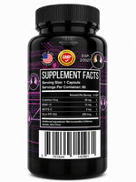 Black supplement bottle with label on a white background