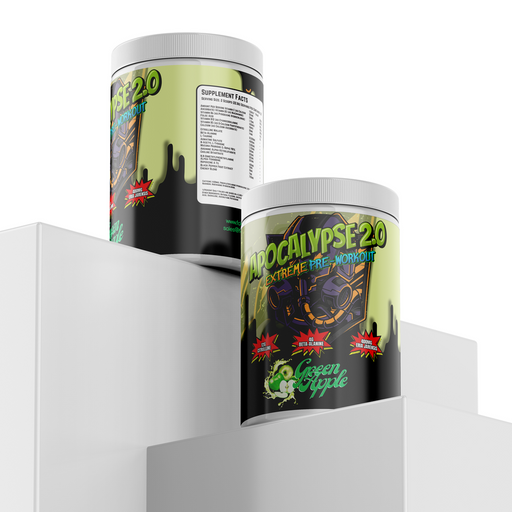 Two containers of Apocalypse 2.0 Extreme Pre-Workout in Green Apple flavor displayed on a white podium, showcasing the vibrant label design with bold graphics and glowing green accents.