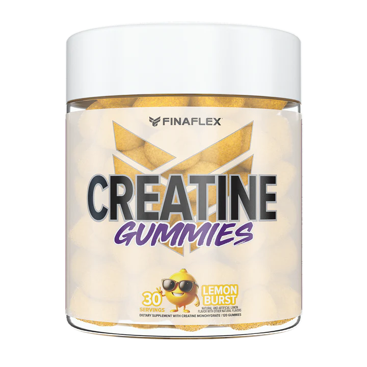 Product image of FINAFLEX Creatine Gummies in a clear jar with a white lid. The label displays the product name in bold black and purple text, with an orange cartoon mascot wearing sunglasses. The jar indicates 30 servings of orange-flavored gummies, containing creatine monohydrate to support strength and performance.