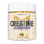 Product image of FINAFLEX Creatine Gummies in a clear jar with a white lid. The label displays the product name in bold black and purple text, with an orange cartoon mascot wearing sunglasses. The jar indicates 30 servings of orange-flavored gummies, containing creatine monohydrate to support strength and performance.
