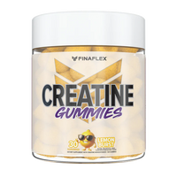 Product image of FINAFLEX Creatine Gummies in a clear jar with a white lid. The label displays the product name in bold black and purple text, with an orange cartoon mascot wearing sunglasses. The jar indicates 30 servings of orange-flavored gummies, containing creatine monohydrate to support strength and performance.