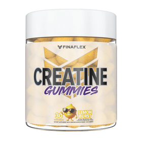 Product image of FINAFLEX Creatine Gummies in a clear jar with a white lid. The label displays the product name in bold black and purple text, with an orange cartoon mascot wearing sunglasses. The jar indicates 30 servings of orange-flavored gummies, containing creatine monohydrate to support strength and performance.