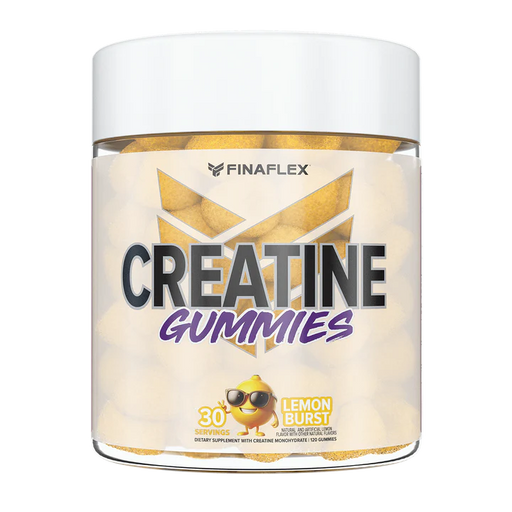 Product image of FINAFLEX Creatine Gummies in a clear jar with a white lid. The label displays the product name in bold black and purple text, with an orange cartoon mascot wearing sunglasses. The jar indicates 30 servings of orange-flavored gummies, containing creatine monohydrate to support strength and performance.