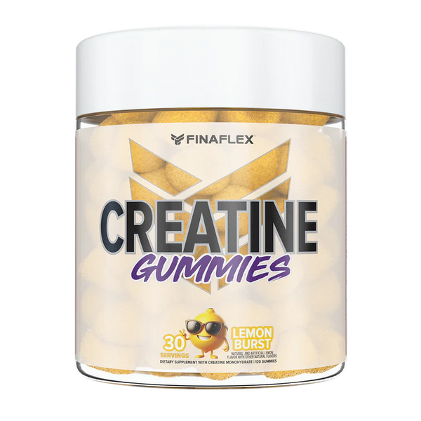 Product image of FINAFLEX Creatine Gummies in a clear jar with a white lid. The label displays the product name in bold black and purple text, with an orange cartoon mascot wearing sunglasses. The jar indicates 30 servings of orange-flavored gummies, containing creatine monohydrate to support strength and performance.