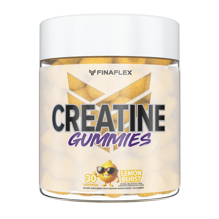 Product image of FINAFLEX Creatine Gummies in a clear jar with a white lid. The label displays the product name in bold black and purple text, with an orange cartoon mascot wearing sunglasses. The jar indicates 30 servings of orange-flavored gummies, containing creatine monohydrate to support strength and performance.