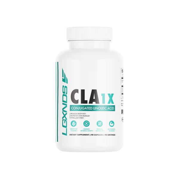 LGXNDS CLA 1X bottle showcasing 90 softgels of Conjugated Linoleic Acid for fat loss and muscle retention.