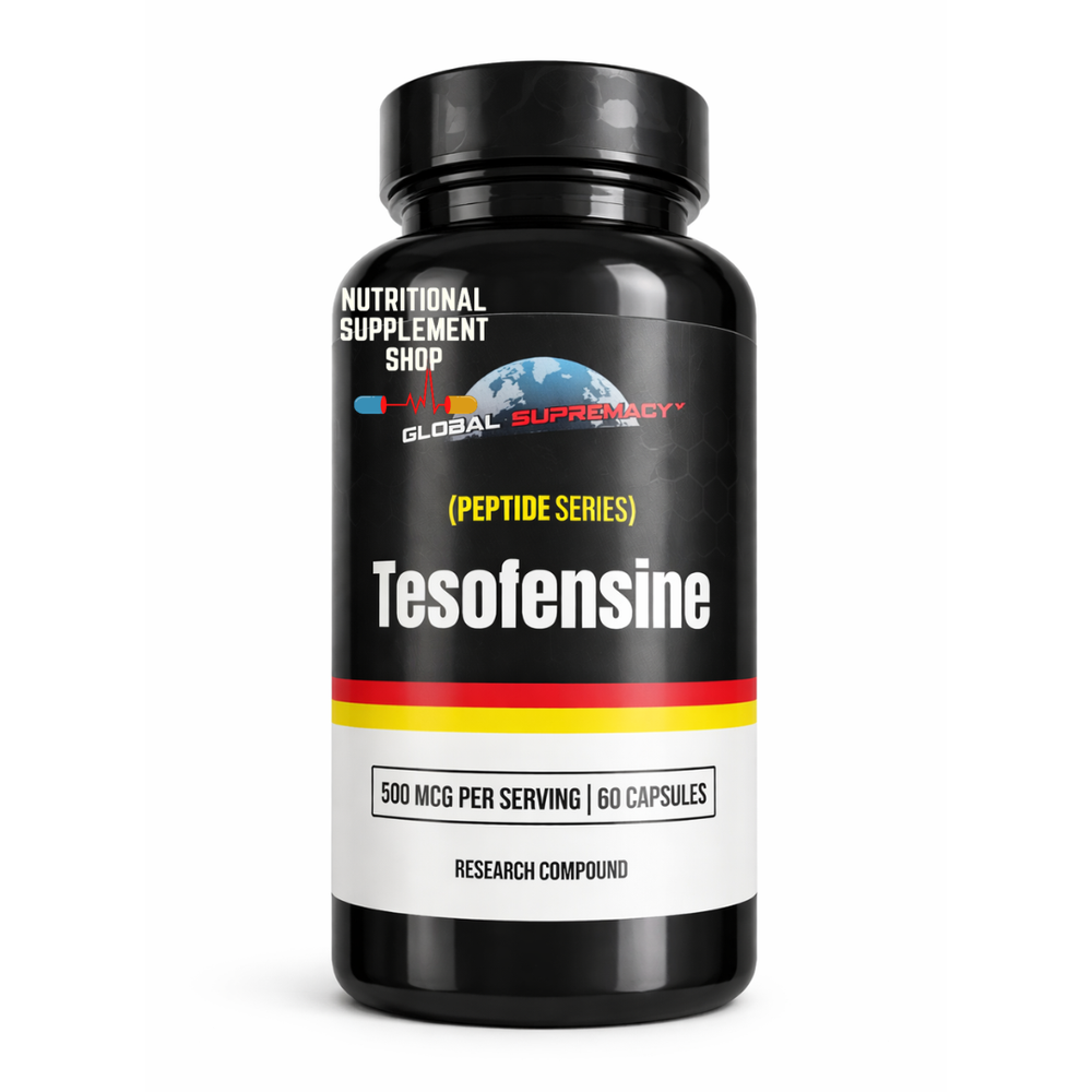 Black supplement bottle labeled 'Tesofensine' on a white background