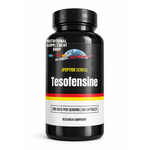 Black supplement bottle labeled 'Tesofensine' on a white background