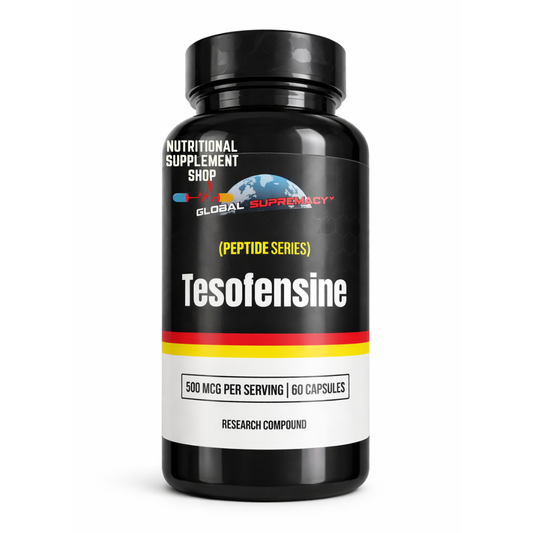 Black supplement bottle labeled 'Tesofensine' on a white background