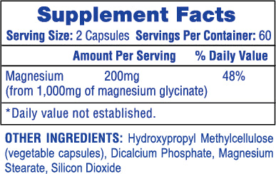 Supplement facts for Hi-Tech Pharmaceuticals Magnesium Glycinate showing 200 mg of magnesium from magnesium glycinate