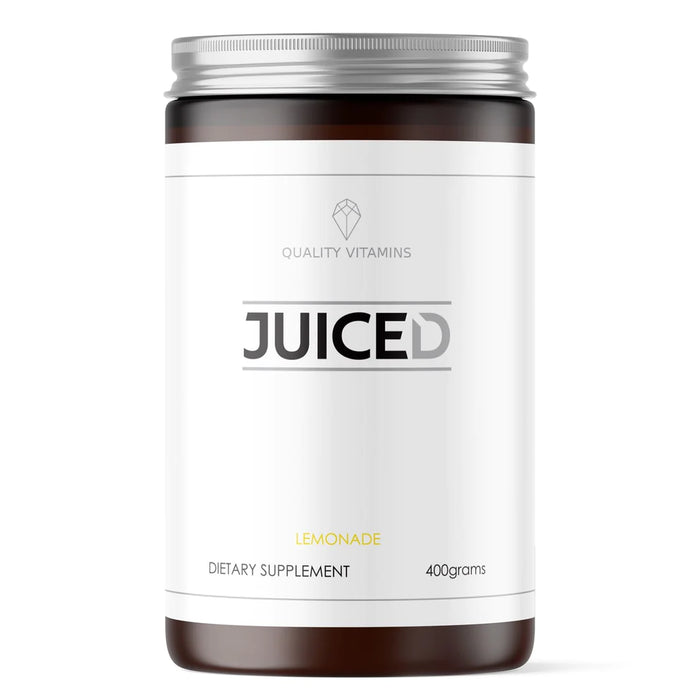  A container of "JUICED" dietary supplement, lemonade flavor, with a simple white and brown design labeled as "Quality Vitamins," 400 grams.