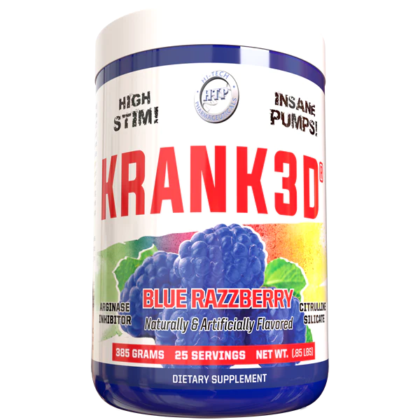 390 gram jar of Blue Raspberry Krank3d Pre workout by Hi Tech Pharmaceuticals