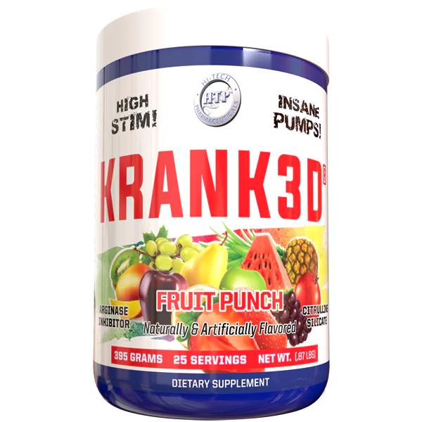 390 gram jar of Fruit Punch Flavored Krank3d Pre workout by Hi Tech Pharmaceuticals