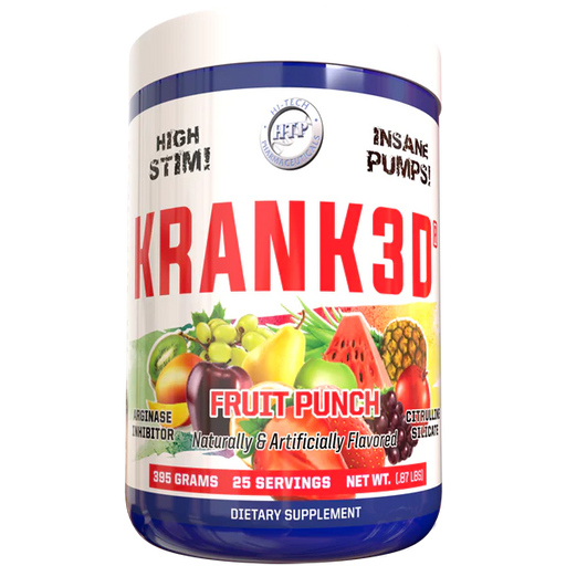 390 gram jar of Fruit Punch Flavored Krank3d Pre workout by Hi Tech Pharmaceuticals