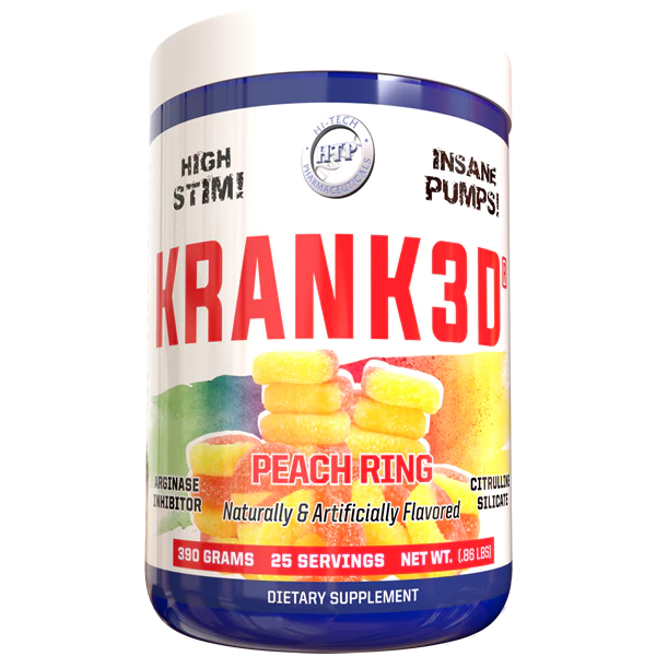 390 gram jar of Peach Ring Flavored Krank3d Pre workout by Hi Tech Pharmaceuticals