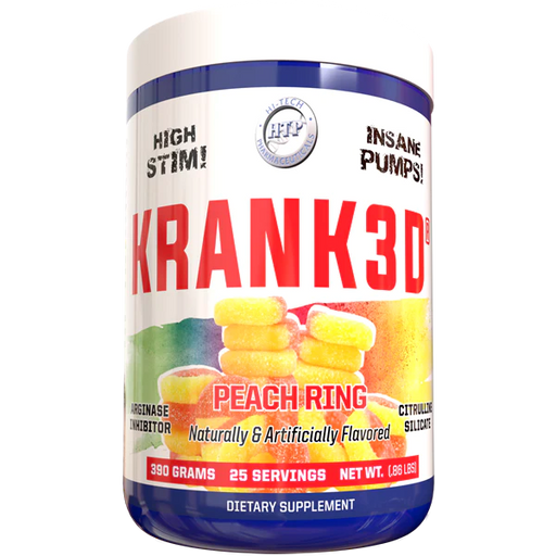 390 gram jar of Peach Ring Flavored Krank3d Pre workout by Hi Tech Pharmaceuticals