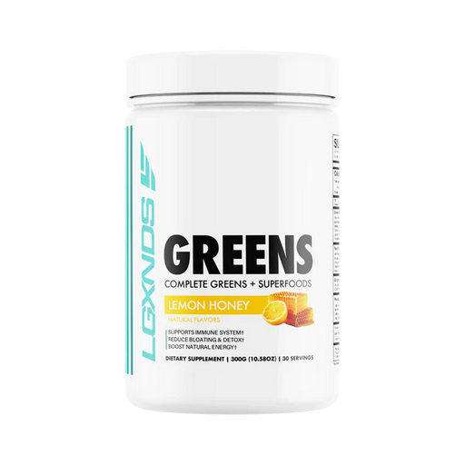 LGXNDS Complete Greens + Superfoods Lemon Honey flavor bottle with 30 servings for gut health and immunity.