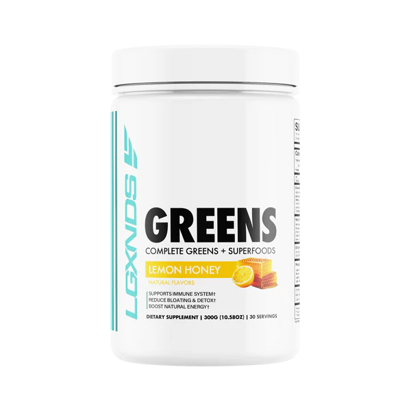 LGXNDS Complete Greens + Superfoods Lemon Honey flavor bottle with 30 servings for gut health and immunity.