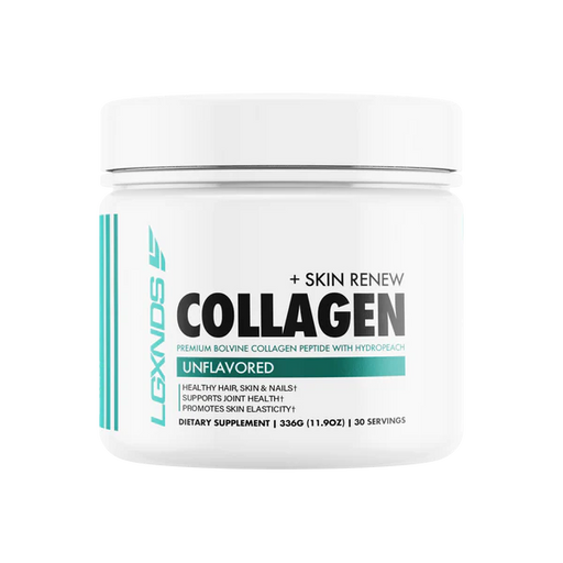 LGXNDS Collagen + Skin Renew bottle featuring unflavored collagen peptides with HydroPeach® for skin hydration and elasticity.