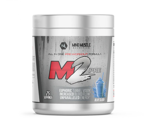 M2 Pre-Workout supplement tub in Blue Slush flavor by Mind Muscle Nutrition.