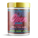 Now Open Happy Hour supplement jar with neon-themed label and gold lid, promoting Sunrise flavor.