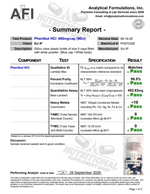 Phenibut HCl 450mg capsule laboratory analysis report showing 452.63mg assay, 99.5% purity, heavy metals under 10 ppb, and passing microbial results.