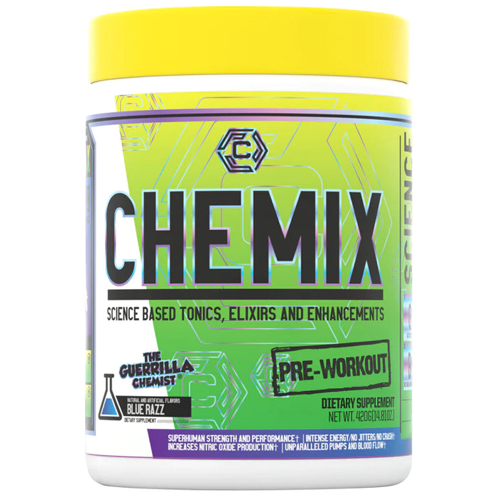 Container of Chemix Pre-Workout supplement in Blue Razz flavor with labels highlighting science-based tonics, elixirs, and enhancements for superhuman strength, performance, intense energy, no jitters, nitric oxide production, and unparalleled pumps.