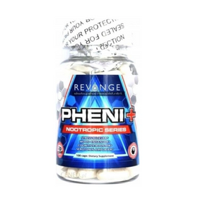 A bottle of Revange Pheni+ Nootropic Series dietary supplement featuring a bold blue and red label. The label highlights its key benefits, including stress relief, mood enhancement, cognitive boosting, and serotonin amplification. The bottle contains 100 capsules and is sealed for safety.