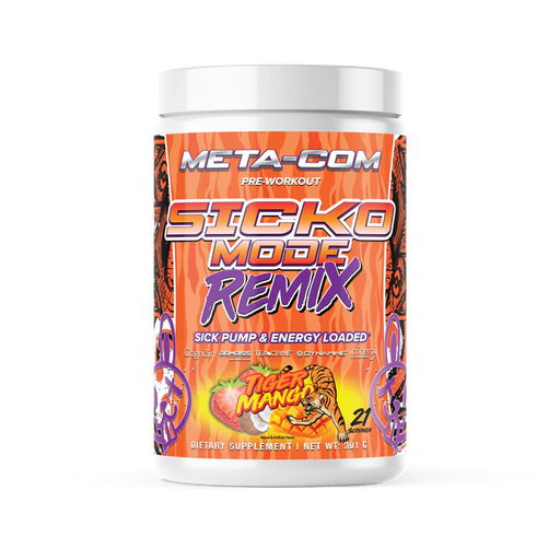 Meta-Com Sicko Mode Remix pre-workout supplement tub in Tiger Mango flavor.