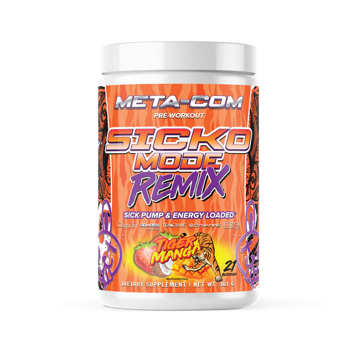 Meta-Com Sicko Mode Remix pre-workout supplement tub in Tiger Mango flavor.