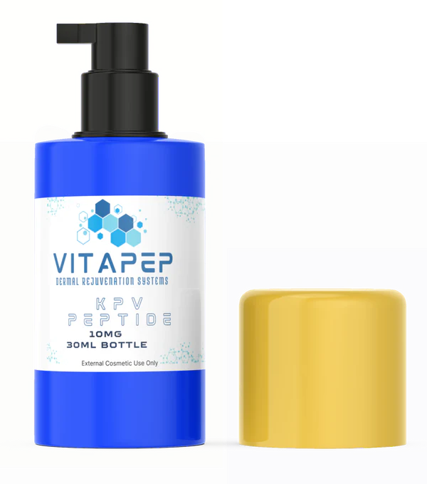 Blue bottle of topical KPV peptide with Pump top and gold cap