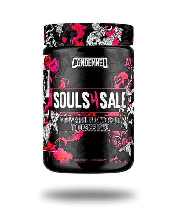 Container of Condemned Labz Souls 4 Sale Pre Workout in Strawberry flavor with gothic design.