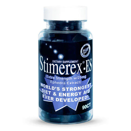 Bottle of Stimerex-ES diet supplement with bold text claiming 'World's Strongest Diet & Energy Aid' and 'Extra Strength with 25mg Ephedra Extract