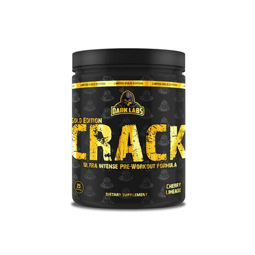 Dark Labs Crack Gold Edition pre-workout supplement in a black container with bold yellow lettering, featuring Cherry Limeade flavor.