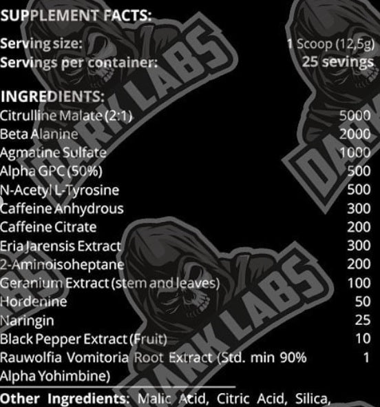 Supplement facts label for Dark Labs Crack Gold Edition pre-workout formula, listing ingredients and nutritional information on a black background with Dark Labs branding.