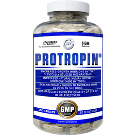 Hi-Tech Pharmaceuticals Protropin HGH releaser supplement in a clear bottle with white tablets, designed to increase growth hormone levels and improve sleep quality with 30 servings.