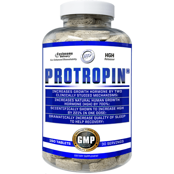 Hi-Tech Pharmaceuticals Protropin HGH releaser supplement in a clear bottle with white tablets, designed to increase growth hormone levels and improve sleep quality with 30 servings.