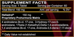 Supplement facts label for Helladrol by Innovative Laboratories, detailing a serving size of one tablet with a 150mg proprietary prohormone matrix including 4-Androstene-3b-ol, 3-Hydroxy-17-oxo-5-androstane, and 17beta-1-Ketoethyl-Delta-1,4-androstadiene